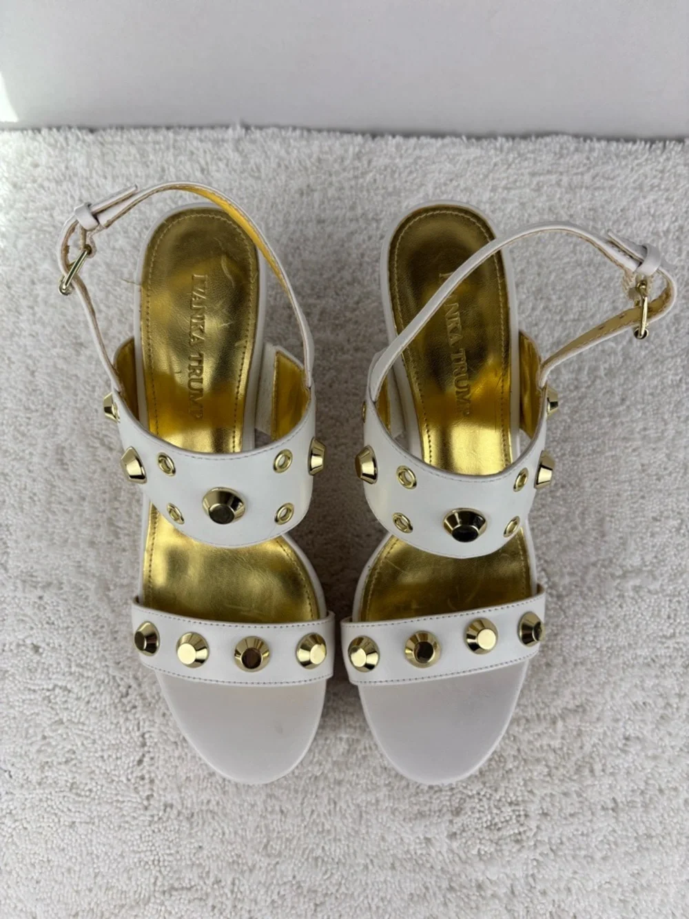 Ivanka Trump Gitty Wedge Sandals-White Leather Straps with Gold-Tone Hardware